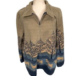 Vintage Coatigan Womens XLarge Blue Tan Moose Forest Landscape Fleece Jacket